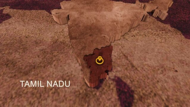 India state Tamil Nadu map zoom in, 3d rendered video 