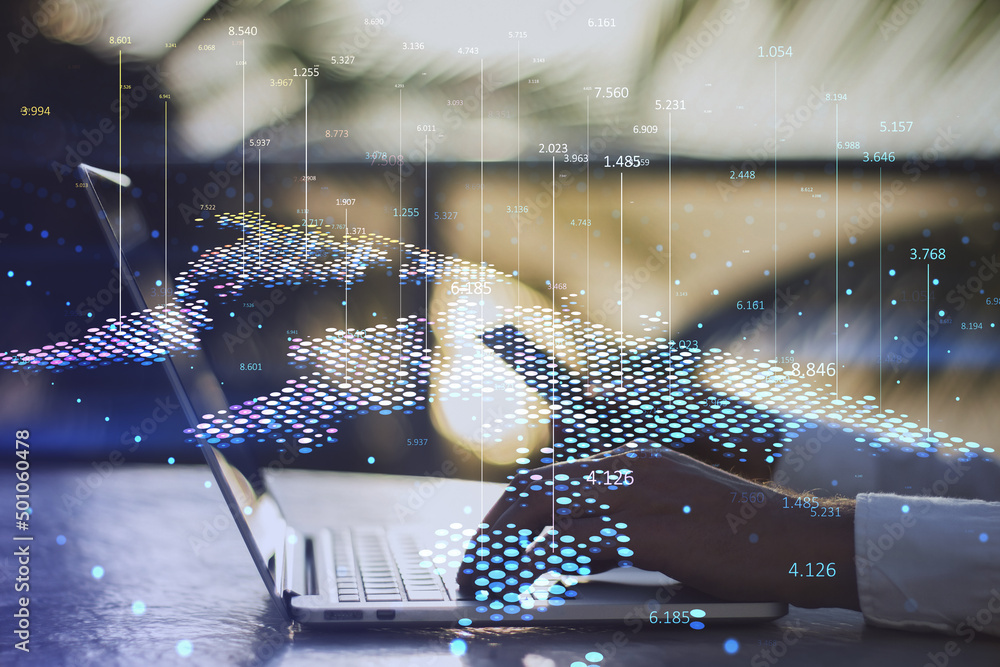 Aufkleber Close up of male hand using laptop and smartphone with abstract digital map and index lines on blurry outdoor background. Global infographic, world and location concept. Double exposure.