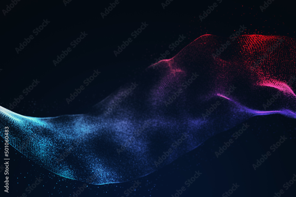 Poster Abstract colorful wireframe on dark backdrop with mock up place. Technology and designer backgrounds concept. 3D Rendering.