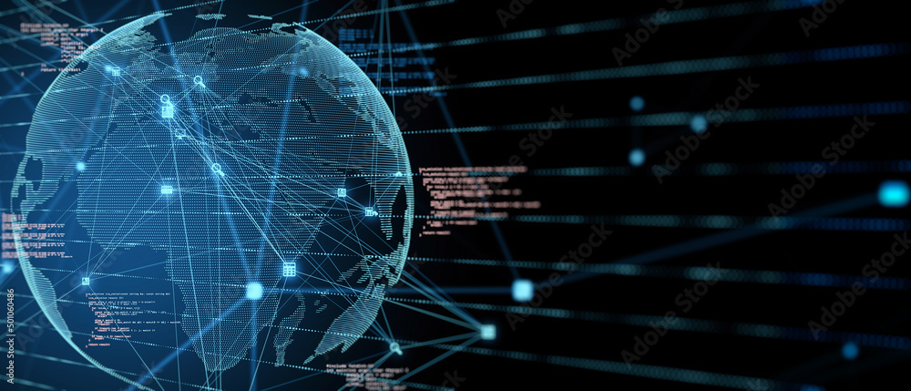 Fototapete Telecommunication and stats data concept with glowing digital interface with world map, coding numbers and abstract lines on abstract dark technological background. 3D rendering, mock up