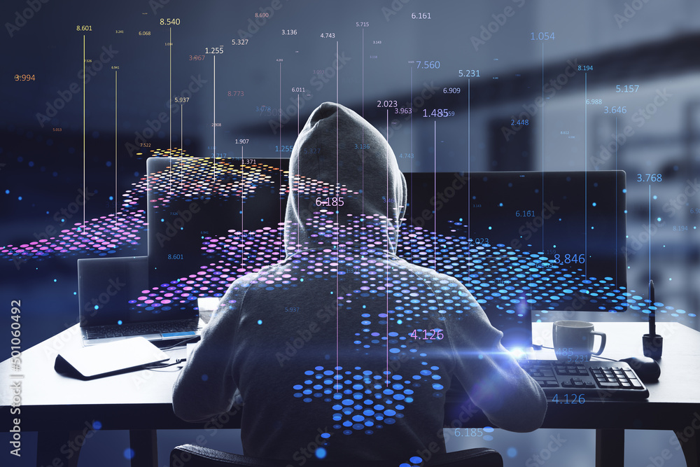 Poster Back view of hacker using computers at desktop with abstract digital map and index lines on blurry interior background. Global infographic, hacking, theft, world and location concept. Double exposure.