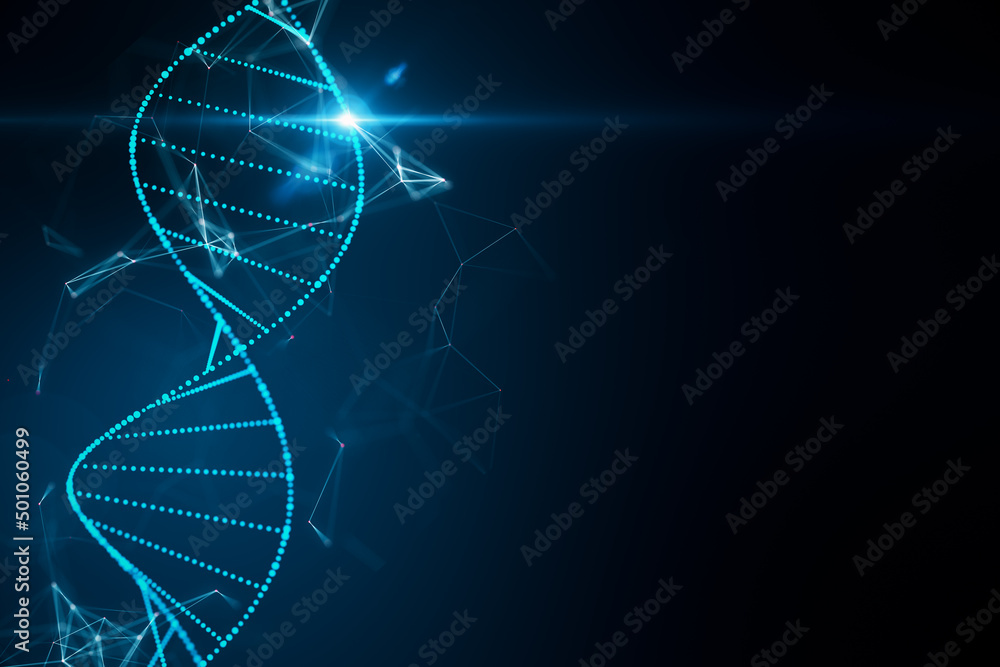 Poster abstract glowing dna hologram on dark blue background with mock up place. science, medicine and biot
