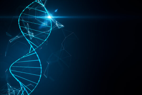 Abstract glowing DNA hologram on dark blue background with mock up place. Science, medicine and biotechnology concept. 3D Rendering.