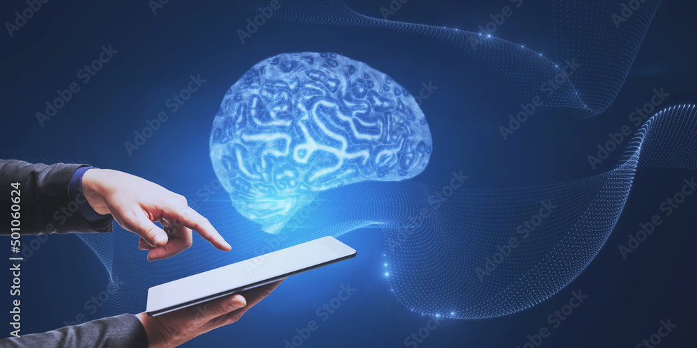 Poster close up of businessman hand pointing at mobile phone with low polygon brain wireframe mesh on blue 
