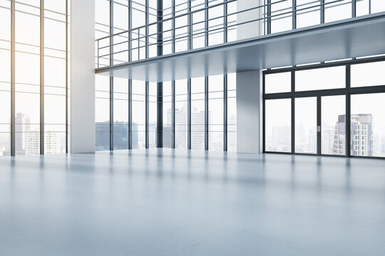 Clean concrete spacious interior with glass windows and city view. 3D Rendering.