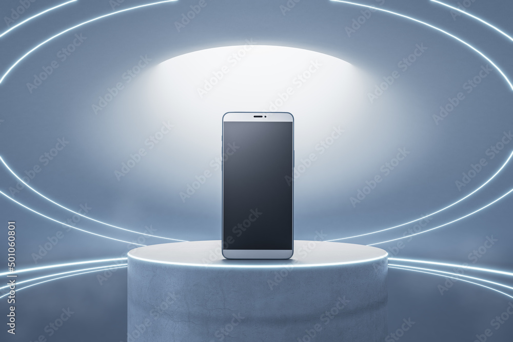 Poster Close up of empty cellphone on light pedestal background. Presentation and mock up concept. 3D Rendering.