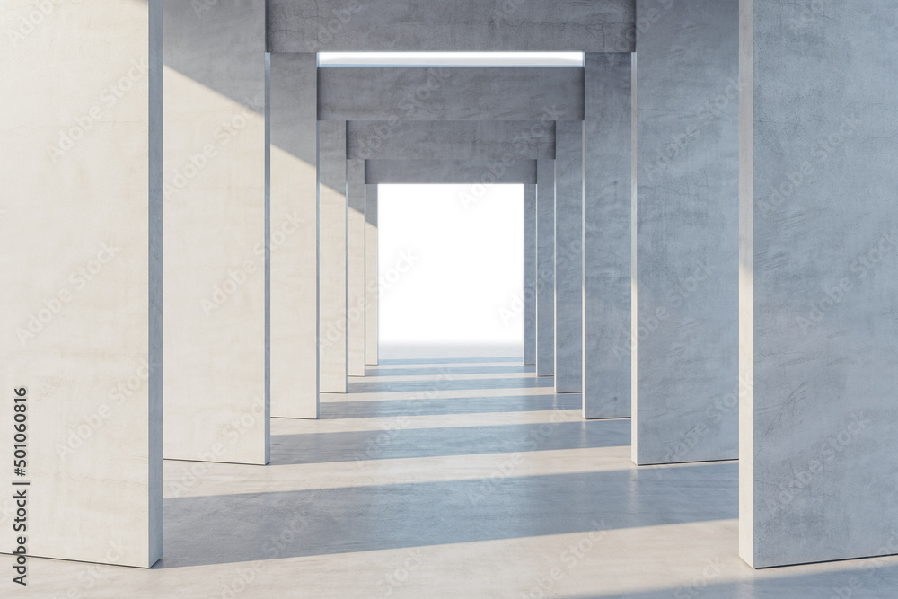 Poster Front view on light glowing exit in sunny tunnel background with modern architecture design, shadows and concrete wall parts. 3D rendering