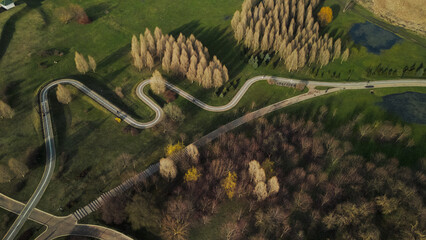 A winding bike path in a city park. Flight over the spring city park. Aerial photography.