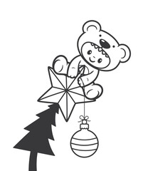 Vector Christmas theme. Funny little baby in a teddy bear costume sitting on Christmas tree with star. Holding bulb. Isolated on white background.