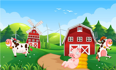 Farm scene with many animals in the field