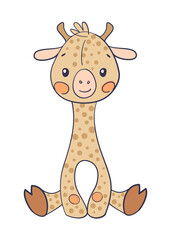 Cute sitting baby giraffe, jungle animal in the zoo, children s toy. Flat vector icon for kids.
