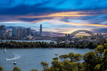 Sydney Harbour Australia with nice colours in the sky. Nice blue water of the Harbour, high rise...
