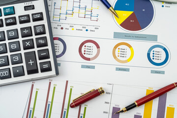 Annual financial document data charts with calculator pen on desk