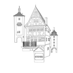 Vector illustration of Medieval old street with traditional German houses in Rothenburg ob der Tauber, Germany 