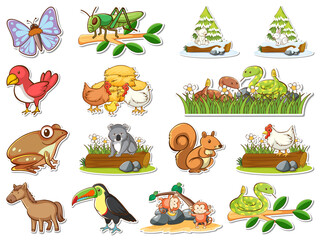 Sticker set of wild animals cartoon