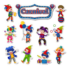Fototapeta premium Sticker set of amusement park objects and cartoon characters