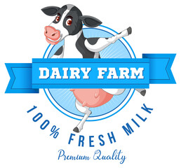 Dairy farm label logo with a dairy cow cartoon