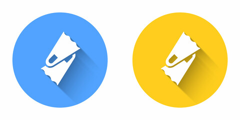 White Rubber flippers for swimming icon isolated with long shadow background. Diving equipment. Extreme sport. Diving underwater equipment. Circle button. Vector