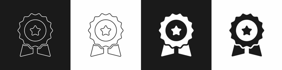 Set Medal with star icon isolated on black and white background. Winner symbol. Vector