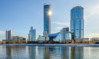 Office buildings made of glass and concrete.