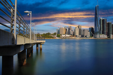 View of Sydney Harbour Barangaroo, Darling Harbour and Sydney CBD viewed from Balmain wharf NSW...