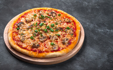 Pizza with tomatoes, cheese and mushrooms on a dark background with space to copy. Fast food.