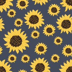 Seamless pattern with yellow sunflowers on blue background. Floral design. Suitable for textile, fabric, wallpaper, wrapping. Vector illustration.