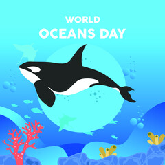 Orca with beautiful coral reefs. World Ocean Day. Colored vector illustration.