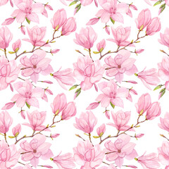 Pink Magnolia. Seamless pattern. Spring flowers painted in watercolor.