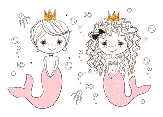 Boy and girl mermaid icon. Prince and princess of the underwater kingdom, sketch art line characters, cute vector illustration isolated on white background. Poster.