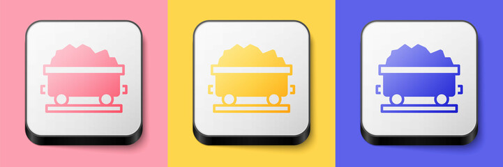 Isometric Coal train wagon icon isolated on pink, yellow and blue background. Rail transportation. Square button. Vector © Iryna