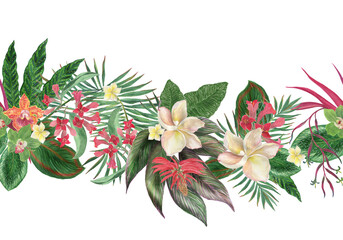 Watercolor painting seamless border with tropical flowers and leaves