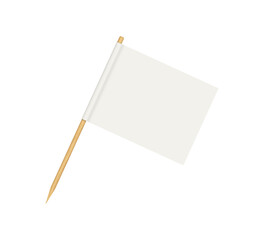 Toothpick flag. Blank flag on wooden stick. Wood toothpick with white paper banner for food and cocktail decoration. Reactangle forms of pennant. Realistic 3d vector isolated on white background. - obrazy, fototapety, plakaty