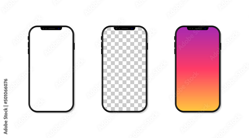 Poster Smartphone mockup. Phone with blank screen isolated on white background. Frame and template of cellphone for social media. Realistic vertical desktop with shadow for ui and app. Vector