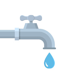 Water tap. Water faucet with drop. Flat tap with pipe and drip. Turn spigot of flow. Icon for house, economize and bathroom. Watertap isolated on white background. Vector - obrazy, fototapety, plakaty