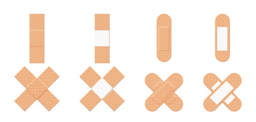 Medical plaster. Crossed medical adhesive plaster for wound. Sticky bandage for injur. Bands of patch for first aid. Strips isolated on white background. Adhesive tapes for health. Vector