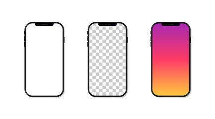 Smartphone mockup. Phone with blank screen isolated on white background. Frame and template of cellphone for social media. Realistic vertical desktop with shadow for ui and app. Vector