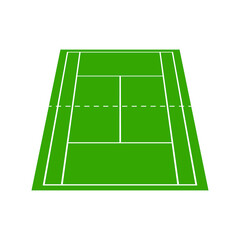 3D tennis court top view. 3D badminton field top view. Graphic square for tennis court. Icon of wimbledon competition. White lines on green background. For sport pitch, plan and stadium. Vector