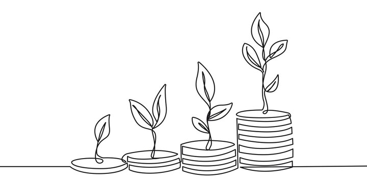 Coins with Sprouts Continuous One Line Drawing Business Concept. Welfare Growth Contour Illustration for Business Concept. Modern Minimalist One Line Drawing. Vector EPS 10