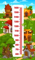 Kids height chart ruler cartoon gnome and elf houses. Vector growth meter with mushroom, tree, pumpkin and carrot cottages. Old boot and stone buildings on green meadow wall sticker, children scale