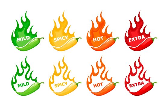 Hot spicy level labels, fire flames and red peppers symbols of mild, medium and extra hot, vector scale. Spicy food taste level icons with burning flame of chili pepper, jalapeno or Tabasco sauce