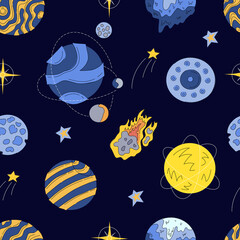 Vector abstract seamless pattern of an planets, galaxy, asteroids, stars, moon. Science fiction drawing for poster, cover or background.