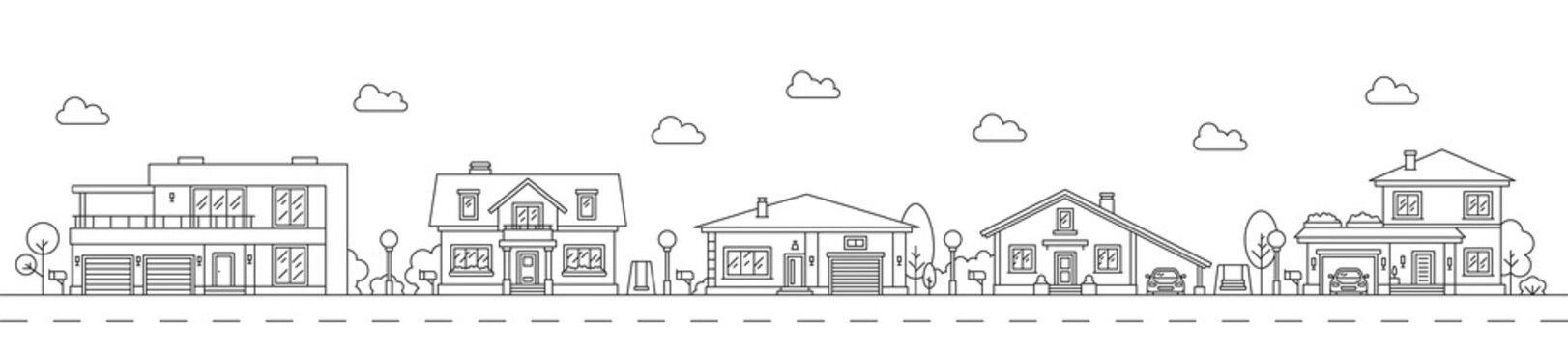 Neighborhood Line Art Cityscape, Town City Street And Houses, Vector Outline Landscape. Linear Houses And Suburban Village Homes, Residential, Apartments And Cottage Buildings Neighborhood Cityscape