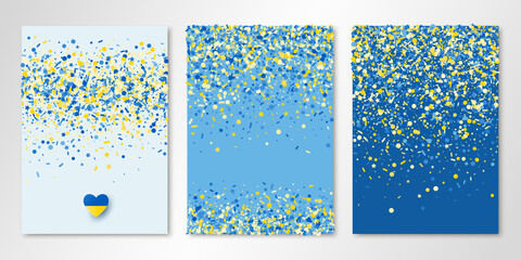 Banners set with blue yellow confetti and paper heart in Ukrainian flag colors on three sheets. Vector templates for cards, brochure design, certificates, flyers