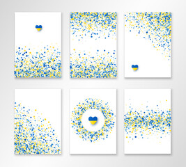 Banners set of six sheets with blue and yellow confetti and paper heart in Ukrainian flag colors. Vector flyer design templates for cards, brochure design, certificates