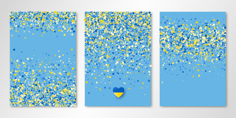 Banners set with blue yellow confetti and paper heart in Ukrainian flag colors on soft blue sheets. Vector design templates for cards, brochure design, certificates, flyers