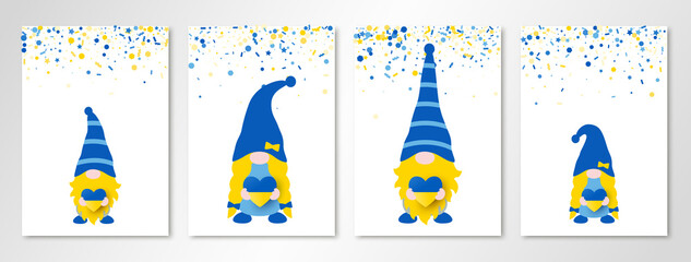 Gnomes Family holding hearts in Ukrainian flag colors. Banners set with blue yellow confetti on four white sheets. Vector illustration