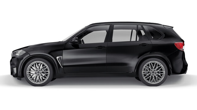 Paris, France. June 27, 2021: BMW X5M F85 black luxury sport suv car isolated on white background. 3d illustration.