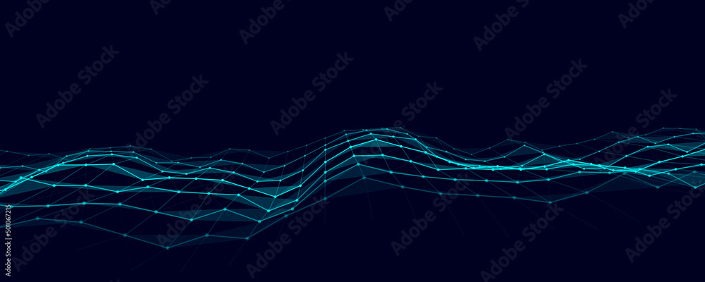 Poster futuristic moving wave. digital background with moving glowing particles and lines. big data visuali
