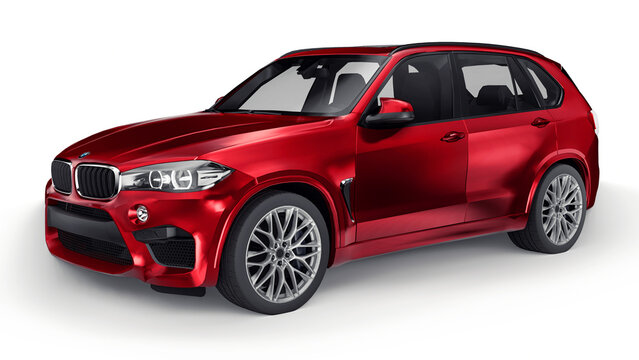 Paris, France. June 26, 2021: BMW X5M F85 red luxury sport suv car isolated on white background. 3d illustration.